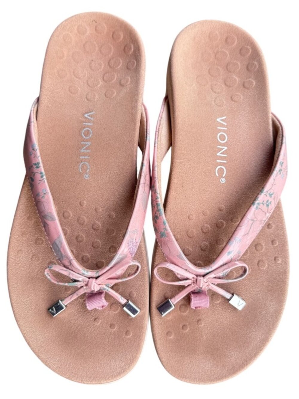 Vionic Bella Pink Floral Orthotic Sandals Womens Bow Flip Flop Size 9